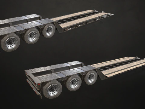 Flat Top Semi Truck Lowboy Trailer - Low Poly 3D Model