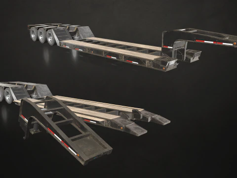 Flat Top Semi Truck Lowboy Trailer - Low Poly 3D Model
