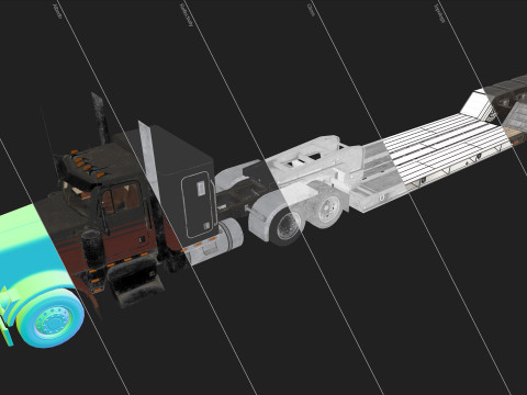 Flat Top Semi Truck Lowboy Trailer - Low Poly 3D Model