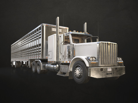 Flat Top Semi Truck Livestock Trailer - Low Poly 3D Model
