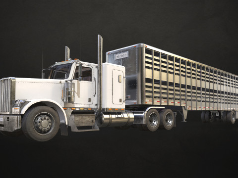 Flat Top Semi Truck Livestock Trailer - Low Poly 3D Model