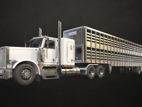 Flat Top Semi Truck Livestock Trailer - Low Poly 3D Model