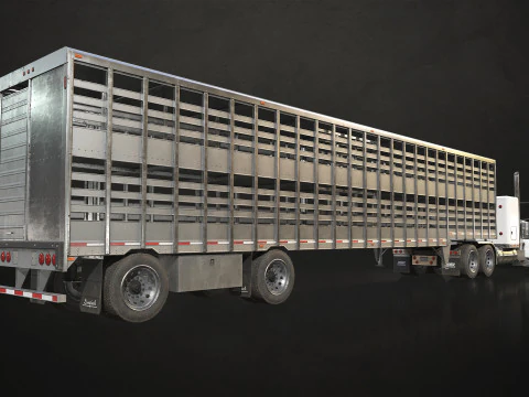 Flat Top Semi Truck Livestock Trailer - Low Poly 3D Model