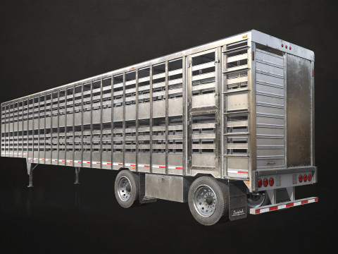 Flat Top Semi Truck Livestock Trailer - Low Poly 3D Model
