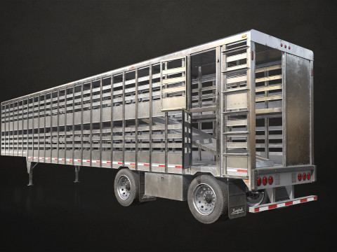 Flat Top Semi Truck Livestock Trailer - Low Poly 3D Model