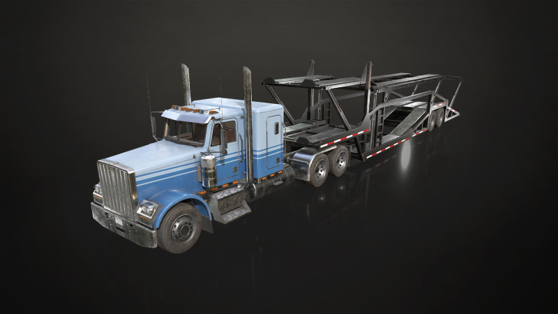 Flat Top Semi Truck Car Carrier Trailer - Low Poly 3D Model .c4d .max .obj .3ds .fbx .stl .blend