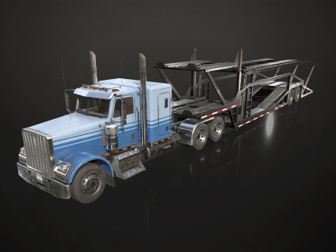 Flat Top Semi Truck Car Carrier Trailer - Low Poly 3D Model
