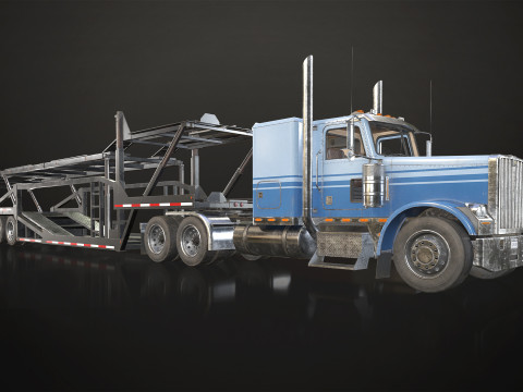 Flat Top Semi Truck Car Carrier Trailer - Low Poly 3D Model