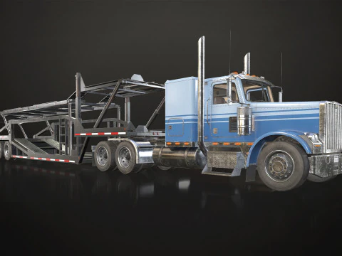 Flat Top Semi Truck Car Carrier Trailer - Low Poly 3D Model