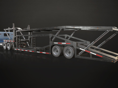 Flat Top Semi Truck Car Carrier Trailer - Low Poly 3D Model