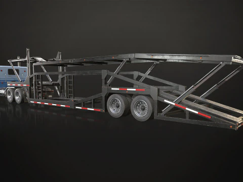 Flat Top Semi Truck Car Carrier Trailer - Low Poly 3D Model