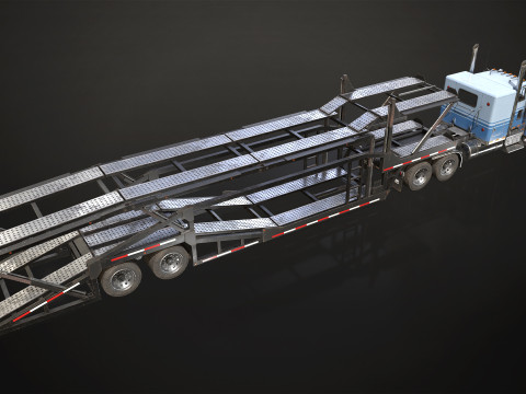 Flat Top Semi Truck Car Carrier Trailer - Low Poly 3D Model
