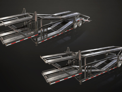 Flat Top Semi Truck Car Carrier Trailer - Low Poly 3D Model