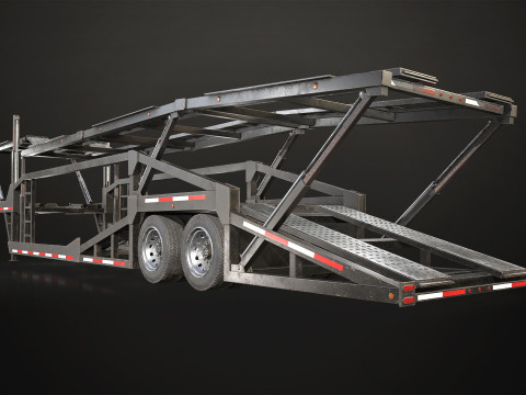 Flat Top Semi Truck Car Carrier Trailer - Low Poly 3D Model