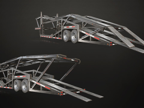 Flat Top Semi Truck Car Carrier Trailer - Low Poly 3D Model