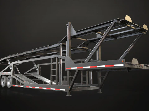 Flat Top Semi Truck Car Carrier Trailer - Low Poly 3D Model