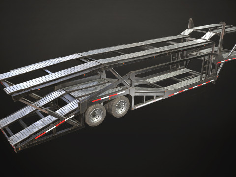 Flat Top Semi Truck Car Carrier Trailer - Low Poly 3D Model