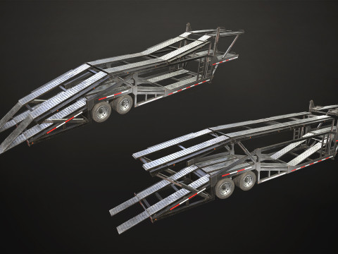 Flat Top Semi Truck Car Carrier Trailer - Low Poly 3D Model