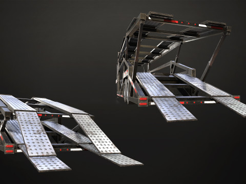Flat Top Semi Truck Car Carrier Trailer - Low Poly 3D Model