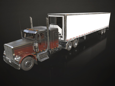 Flat Top Semi Truck Refrigerated Trailer - Low Poly 3D Model
