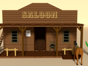 low poly cartoon saloon - western scene Model 3D