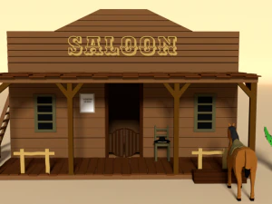 low poly cartoon saloon - western scene 3D Model
