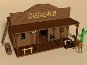 low poly cartoon saloon - western scene 3D Model