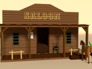 low poly cartoon saloon - western scene 3D Model