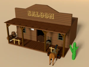 low poly cartoon saloon - western scene 3D Model