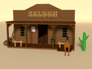 low poly cartoon saloon - western scene 3D Model