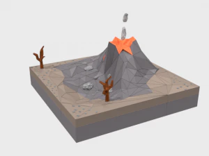 low poly cartoon volcano scene 3D Model