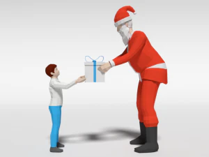 low poly santa claus giving a gift to a kid 3D Model