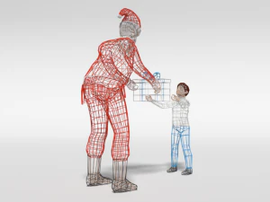 low poly santa claus giving a gift to a kid 3D Model