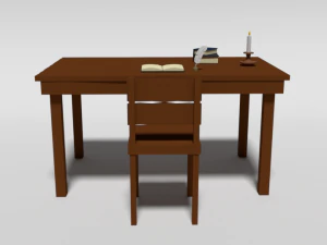 low poly cartoon old wooden table and chair 3D Model