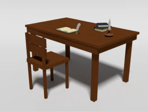 low poly cartoon old wooden table and chair 3D Model