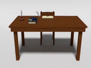 low poly cartoon old wooden table and chair 3D Model