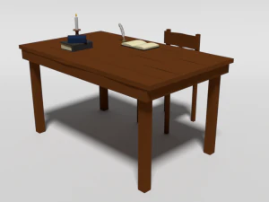 low poly cartoon old wooden table and chair 3D Model