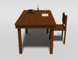 low poly cartoon old wooden table and chair 3D Model
