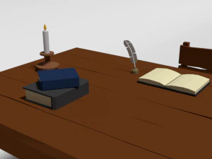 low poly cartoon old wooden table and chair 3D Model
