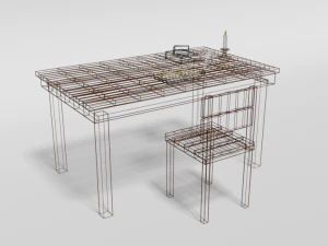 low poly cartoon old wooden table and chair 3D Model