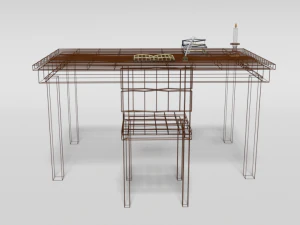 low poly cartoon old wooden table and chair 3D Model