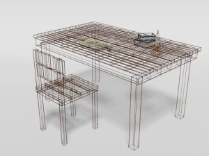 low poly cartoon old wooden table and chair 3D Model