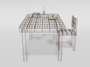 low poly cartoon old wooden table and chair 3D Model