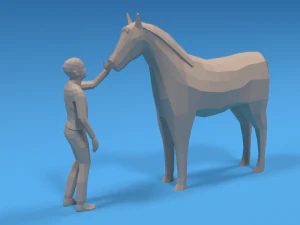 low poly cartoon kid touching a horse 3D Model