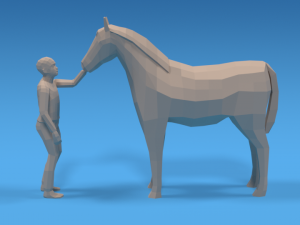 low poly cartoon kid touching a horse 3Dモデル