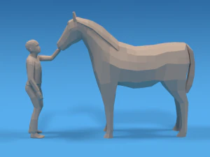 low poly cartoon kid touching a horse 3D Model