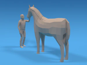 low poly cartoon kid touching a horse 3D Model
