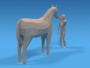low poly cartoon kid touching a horse 3D Model