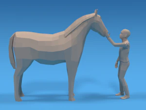 low poly cartoon kid touching a horse 3D Model
