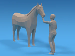 low poly cartoon kid touching a horse 3D Model